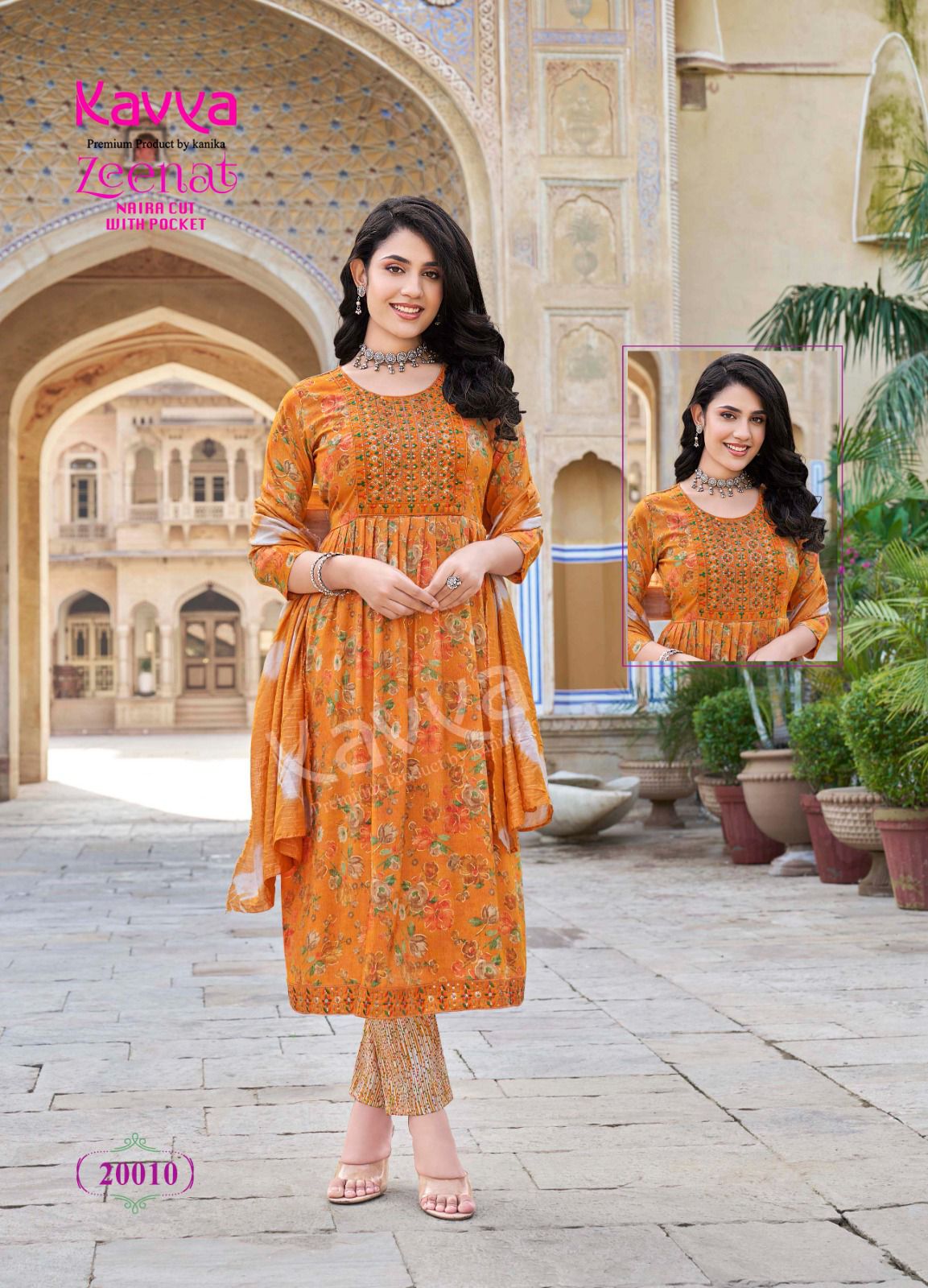 Zeenat Vol 20 By Kavya Foil Printed Naira Cut Kurti With Bottom Dupatta Wholesale Market In Surat
